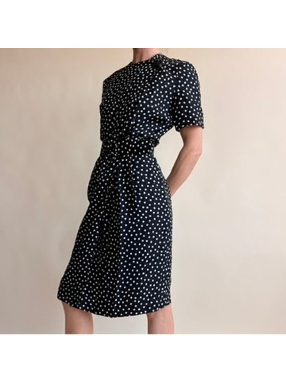 Adrianna Papell Black & White Polka Dot Silk - Short Sleeves, Size 4